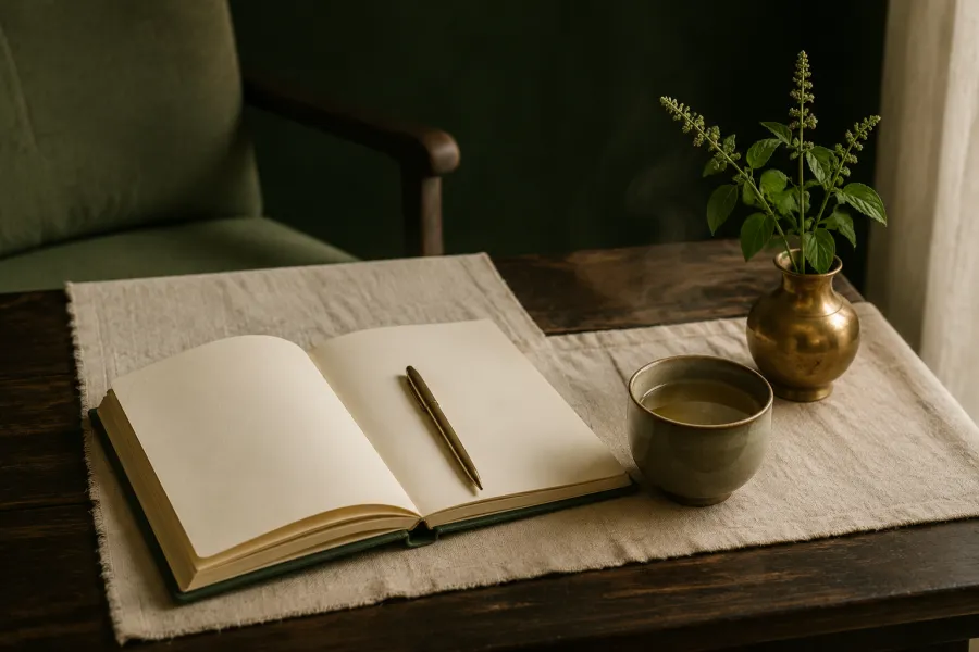 Quiet consultation table with an open notebook, brass pen and a cup of herbal tea