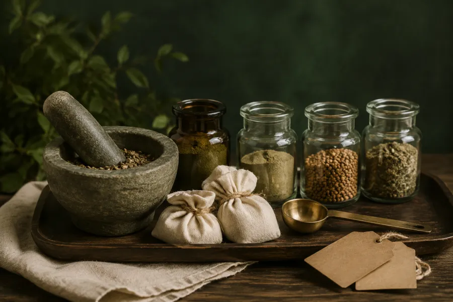 Stone mortar and pestle with jars of herbal powders and muslin pouches tied with twine