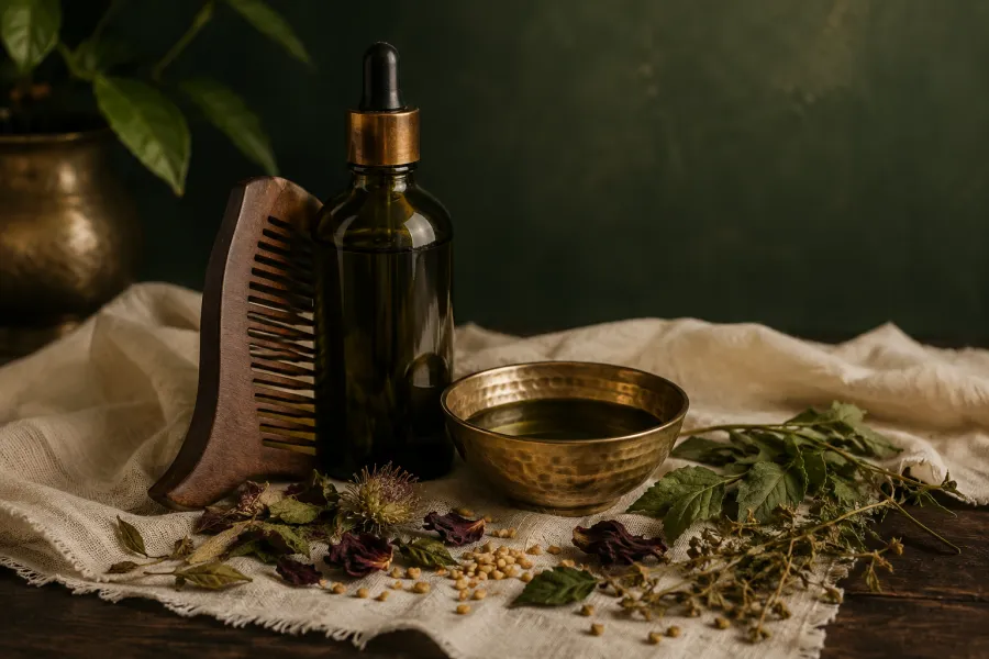 Amber bottle of herbal scalp oil with a wooden comb and dried bhringraj leaves