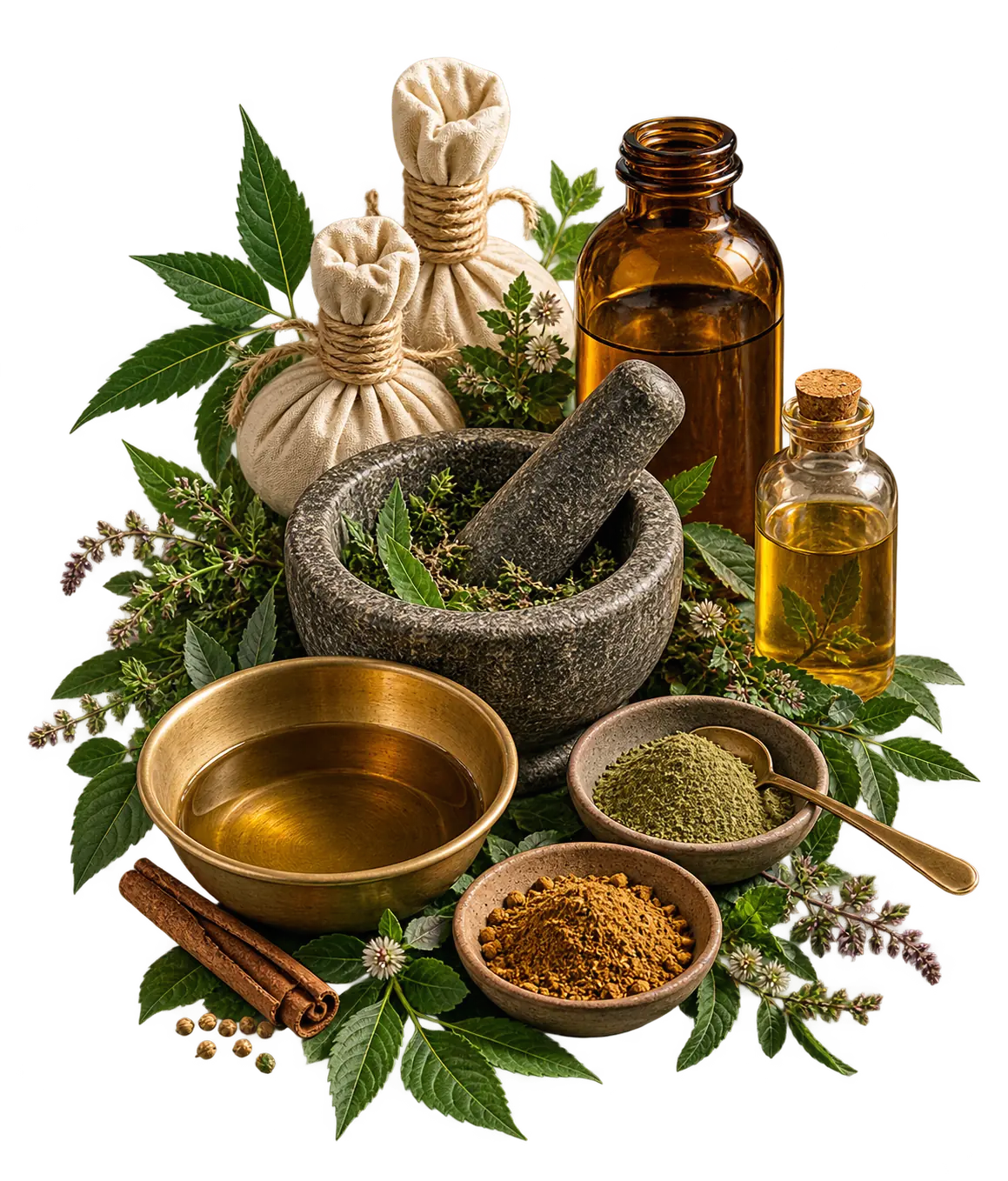 Stone mortar and pestle of freshly ground herbs surrounded by a brass bowl of oil, amber bottles of infused herbal oil, muslin potli pouches, dishes of green and ochre herbal powder, cinnamon bark and fresh botanical leaves
