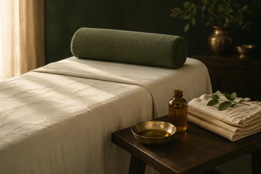 Massage table draped in cream linen with a bottle of warm herbal oil and folded towels
