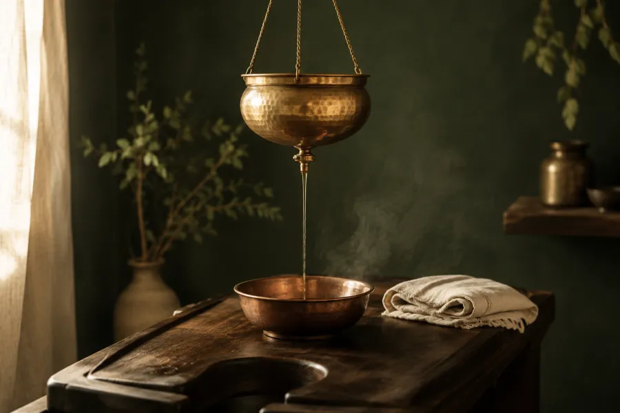 Brass shirodhara vessel pouring a thin stream of warm herbal oil into a copper bowl
