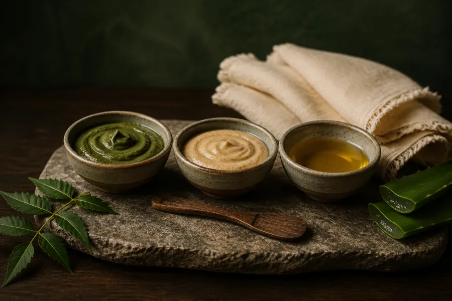 Ceramic bowls of neem and sandalwood herbal paste beside fresh neem and aloe leaves